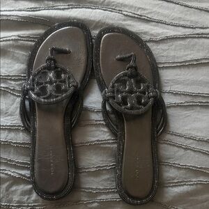 Tory Burch Black Beaded Logo Thong Sandals